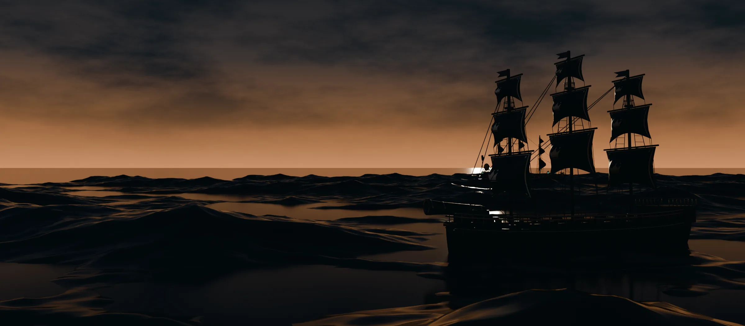 A pirate flagship with black sails on a stormy evening sea