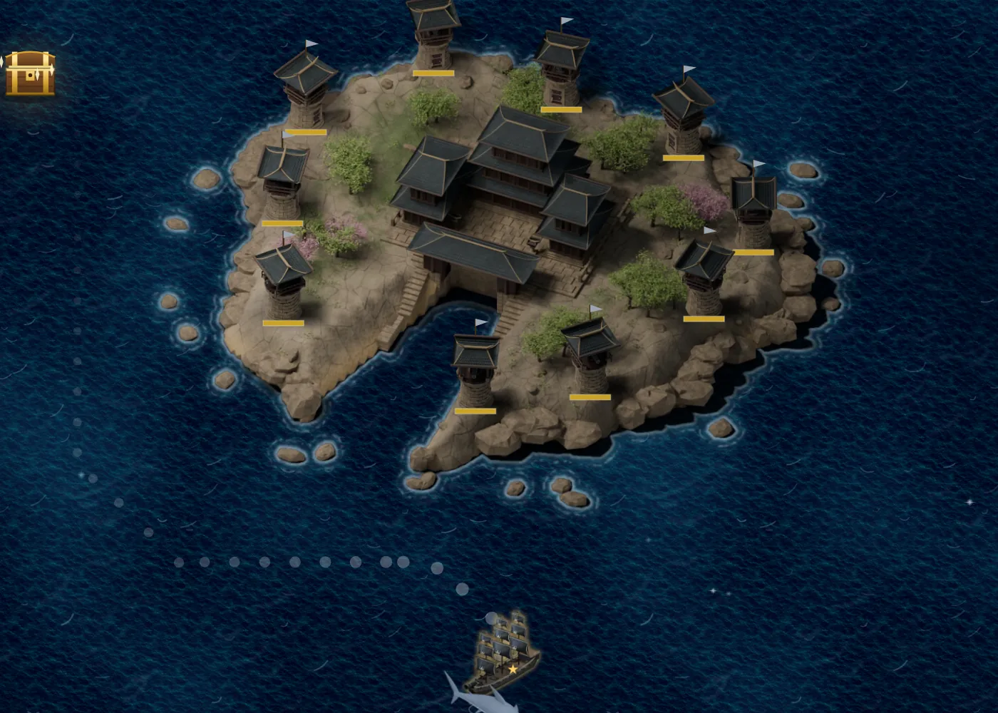 A guild island with ten towers next to a forest island