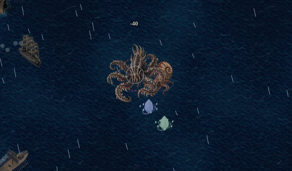 A giant kraken next to a dragon over an island